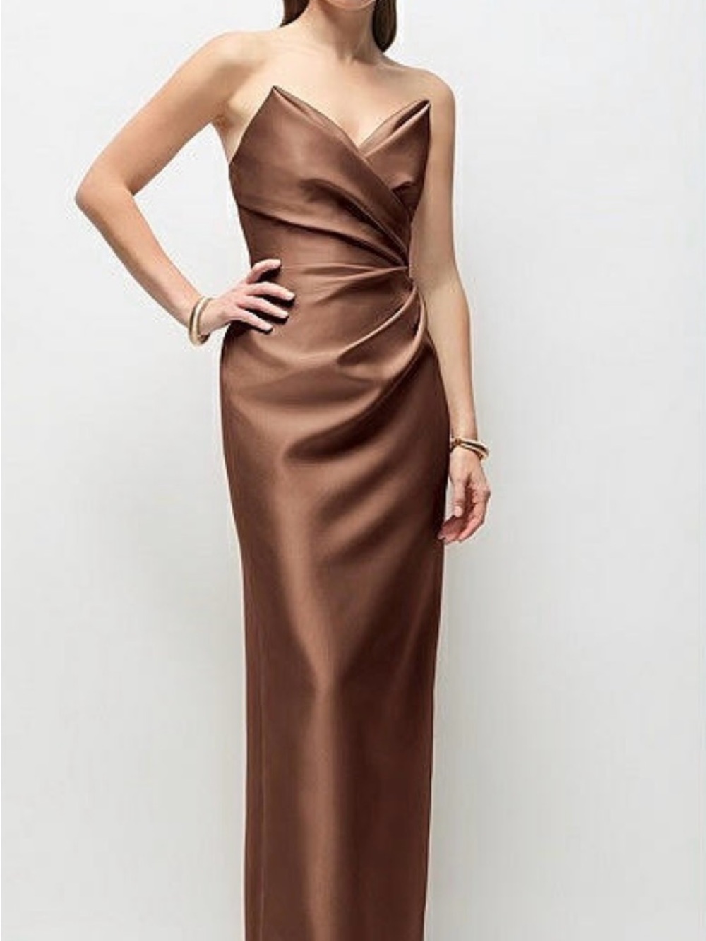 ALFRED SUNG Cognac Strapless Satin Maxi Gown